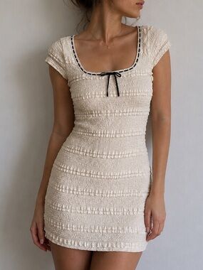Madden NYC Cream Lace Tiered Mini Dress Ruffle‎ Bow XS Coquette Balletcore